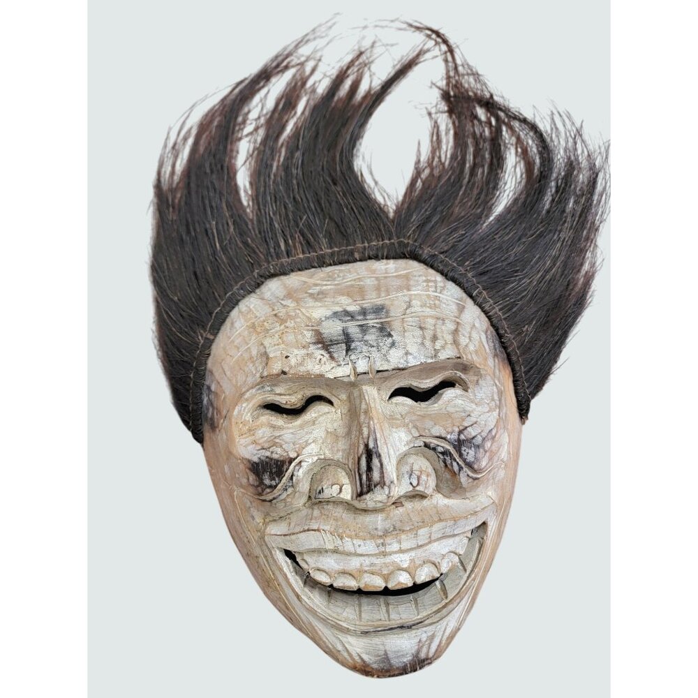 Bali Wood Mask Handmade Carving With Crazy Hair & Big Grin Wall Hanging